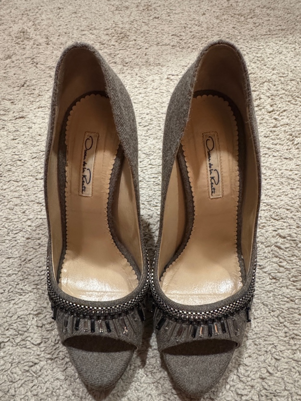 Oscar de la Renta Gray Embellished Peep-Toe Pumps - Picture 2 of 11